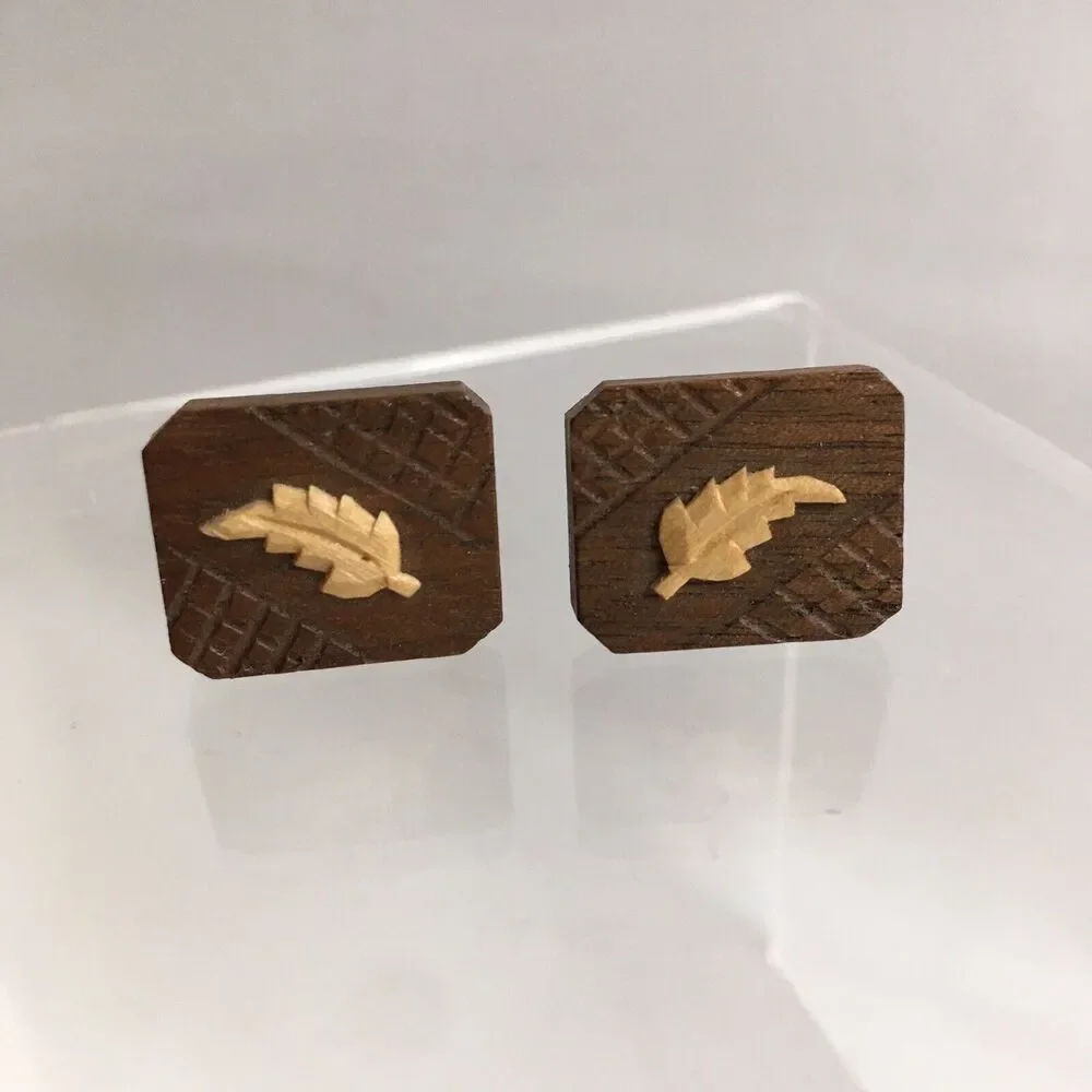 Vintage Etched Wood Leaf Cufflinks & Tie Clip Wooden Leaves Layered Modern H1
